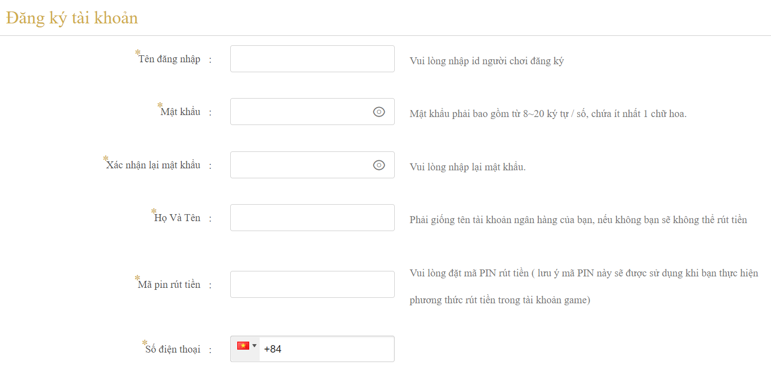 Điền thông tin đăng ký tài khoản SV66