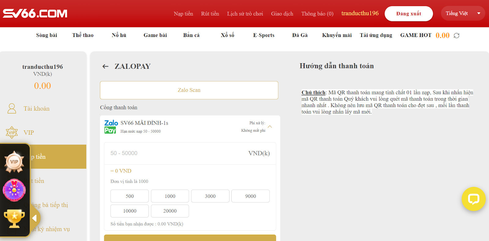 Nạp tiền SV66 - Giao dịch thành công nhận ngay 188k 7 Nạp tiền qua Zalopay tại SV66